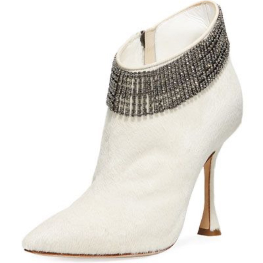 Manolo Blahnik Bomabi Calf Hair & Crystal White Ankle Pointed Toe Booties 38